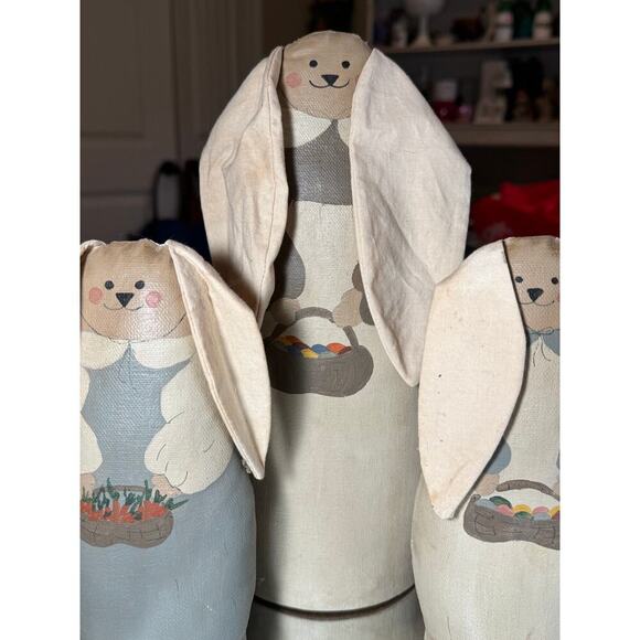 Handcrafted, Vintage Set of 3 Easter Bunnies. Handpainted fabric, wood bases'90 - Picture 3 of 9